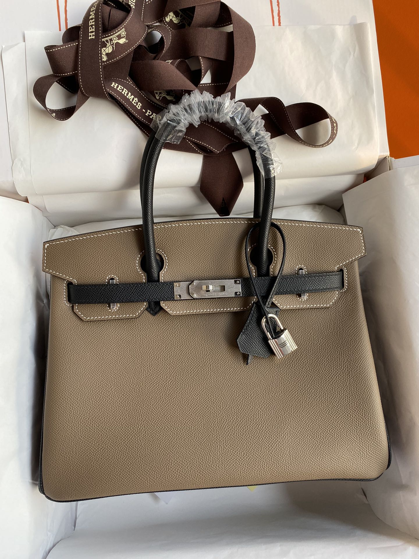 Hermes Birkin 30CM Epsom Leather Handbag Etoupe Black